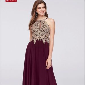 Metallic Corded Lace and Chiffon A-Line Gown